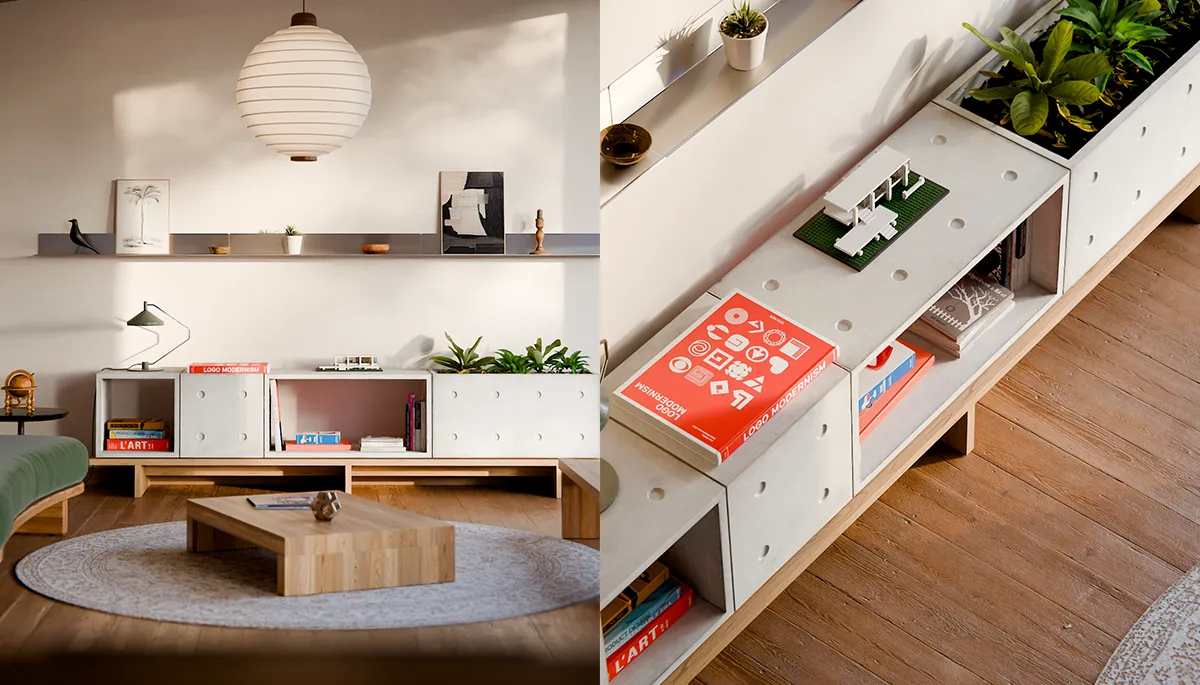 salon chaleureux et composition de cube en béton Dice